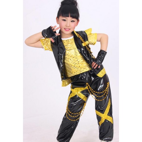 Silver gold girls Boy's Jazz Dance Costume  New Kids Sequin Top  Harem Pants Sets Fashion modern Children Hip Hop Clothing outfits